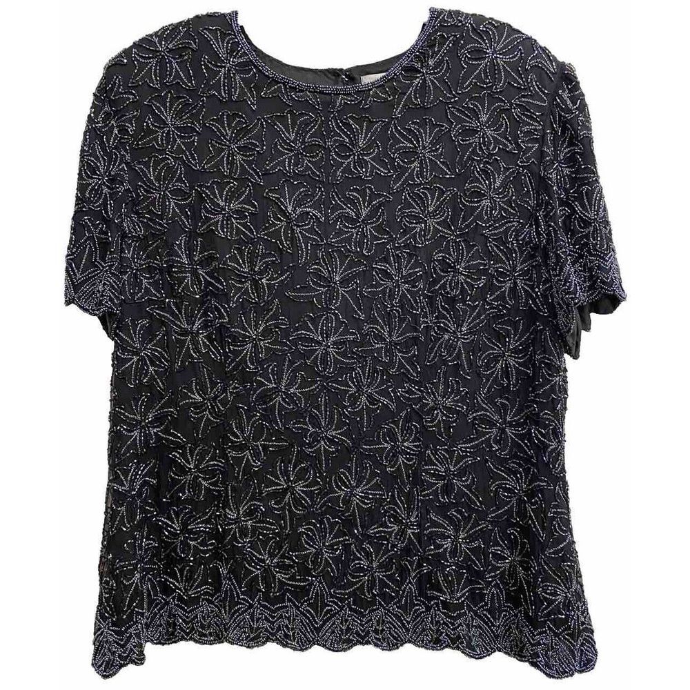 Papell Boutique Evening Black Silk‎ Beaded Top Women's 2X Mob Wife Formal